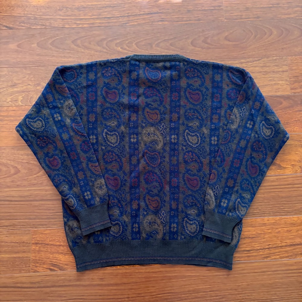 Vintage Made in Italy Mens XL Paisley Wool Blend Sweater Crewneck Blue Brown Y2K - Picture 4 of 7